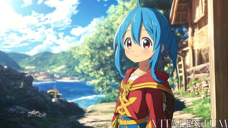 Blue haired anime girl stands on sunlit path by lakeside village