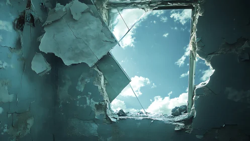 Broken wall window opening onto a calm, hopeful sky.