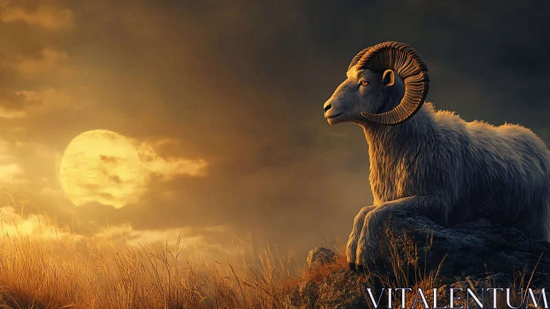 Gentle ram resting under a glowing golden twilight moon.
