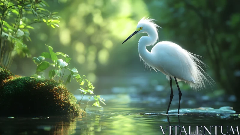 Graceful white egret pauses in a soft green forest stream