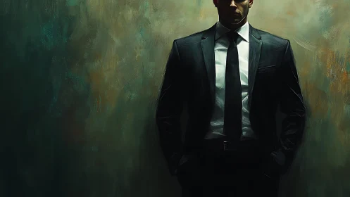 Moody half-lit businessman in tailored black suit, textured wall