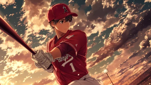 Sunset-ready batter poised for a hopeful baseball moment.