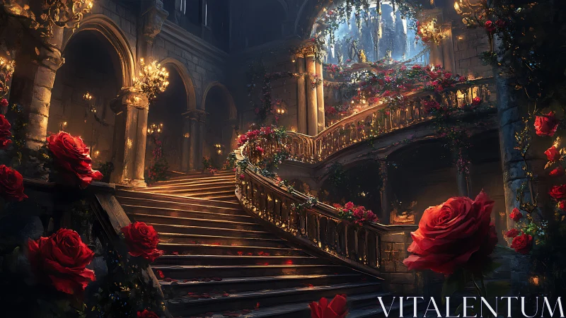 Enchanted rose filled staircase glows with warm candlelight