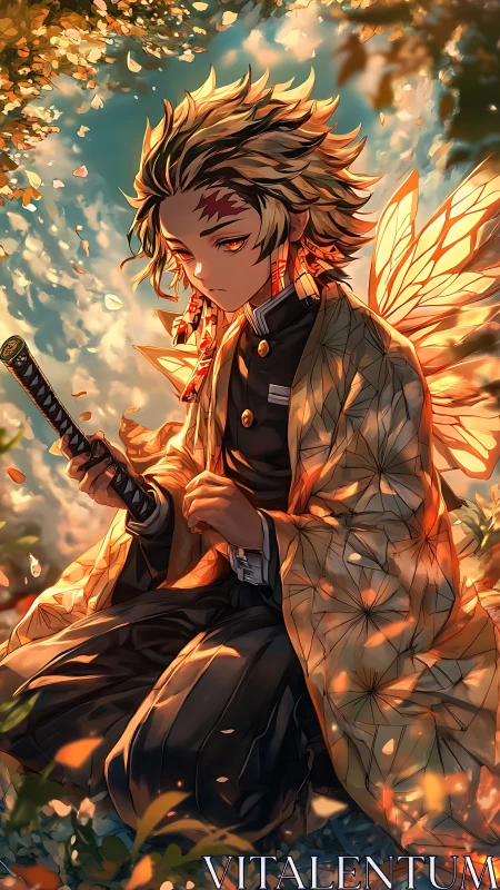 Sword-bearing youth in autumn light with glowing wings.