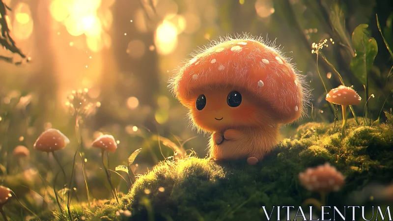 Small anthropomorphic mushroom creature in forest clearing.