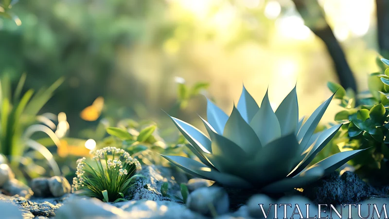 Sunlit succulent altar in dreamy forest-glow garden hush.