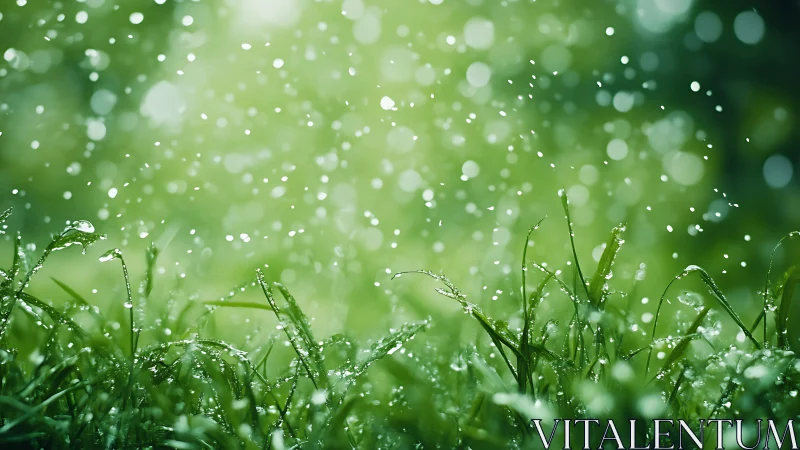 Raindrop ballet over emerald grass in shimmering morning light.