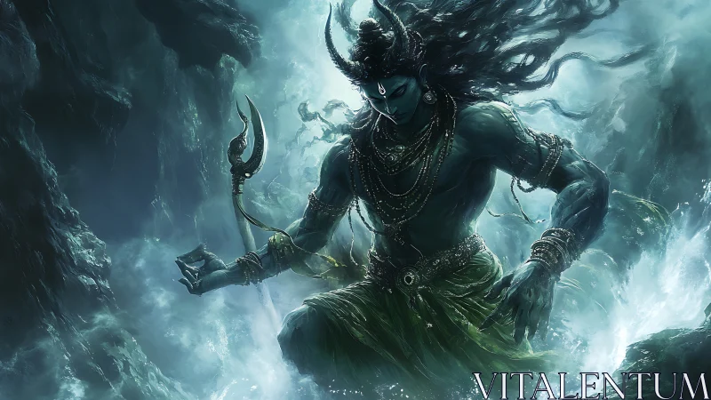 Stormlit blue god strides through churning ocean gorge.