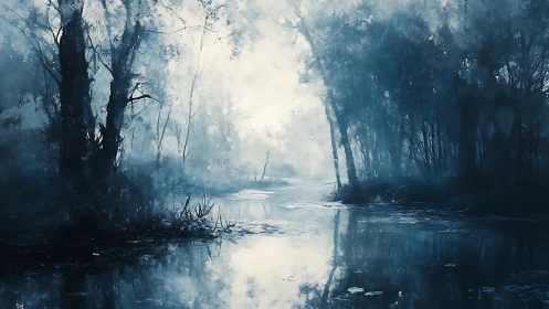 Nocturnal misted river corridor rendered in desaturated blues