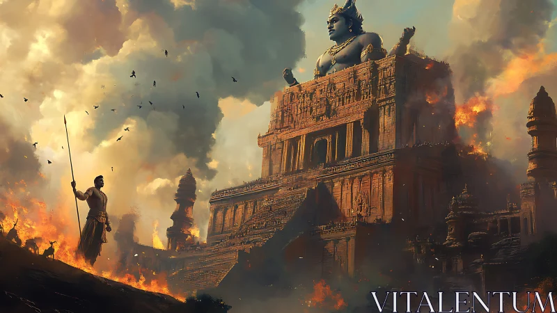 Warrior before burning temple and colossal seated deity.