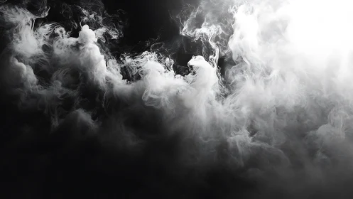 Volumetric white smoke curls against high-contrast black field