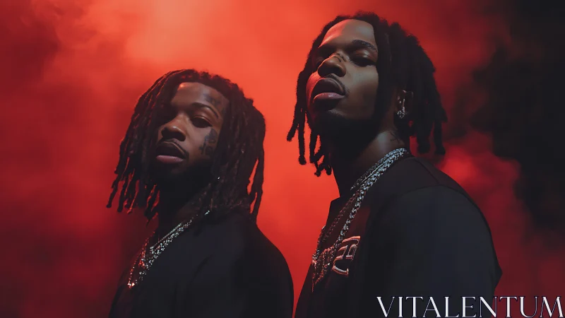Rap duo stands in red smoke with dramatic side lighting