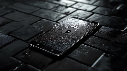 Photorealistic smartphone security lockup on wet tile surface.