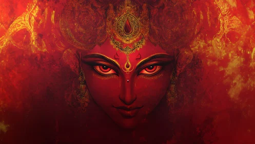 Intense divine visage rendered in fiery digital chiaroscuro