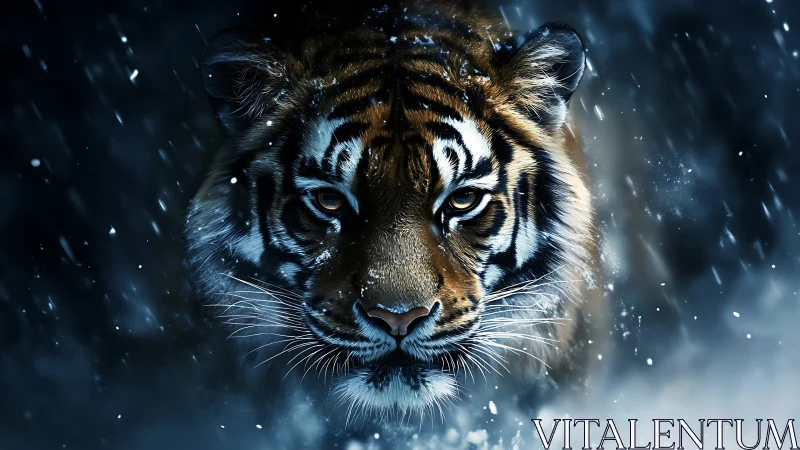 Snowlit tiger gaze moving through a stormy midnight hush.
