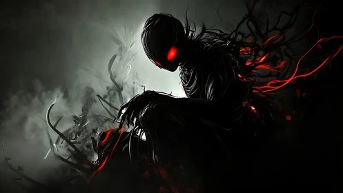 Shadow entity crouches amid burning red tendrils.