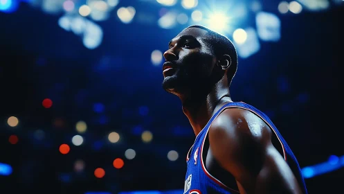 Basketball player stands under arena lights in focused anticipation
