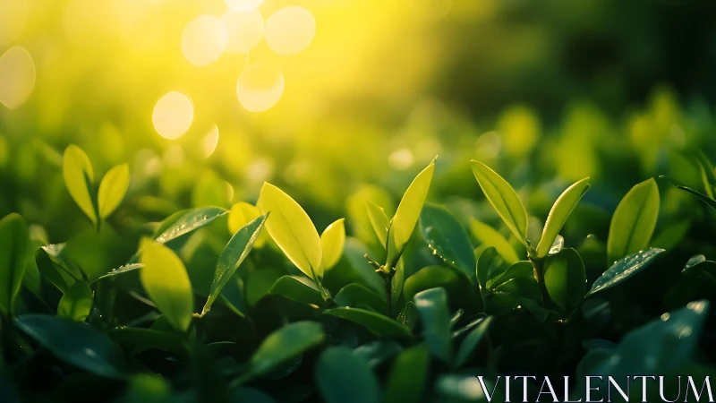 Close-up view of green leaves under bright morning light.