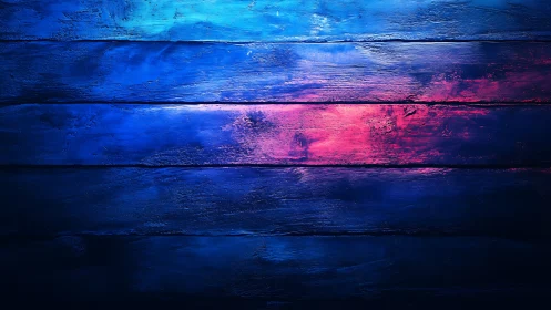 Neon light washes over textured wooden planks in deep blue.