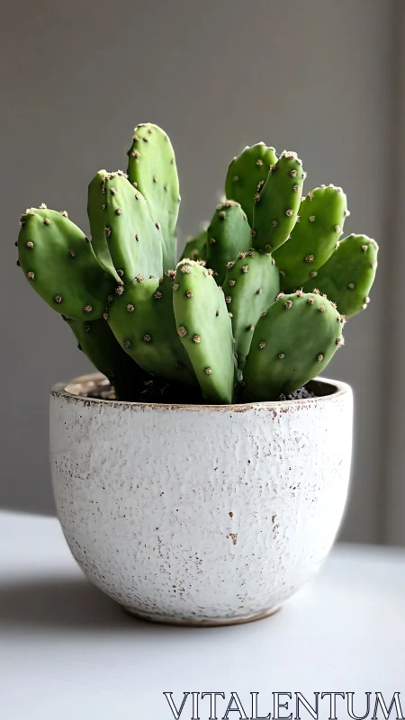 Potted prickly pear cactus stands in textured white ceramic pot