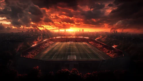 Sunset stadium glows over a smoky, dramatic city skyline
