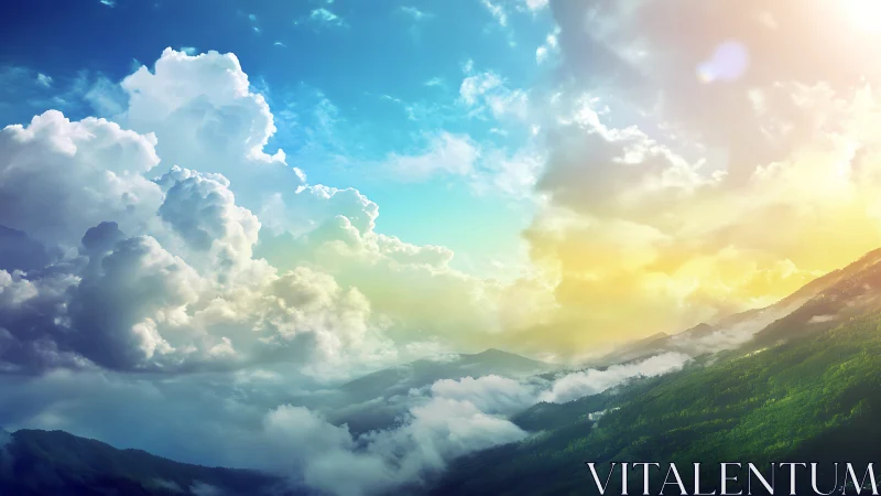 Cloud kingdoms lean toward a sunrise-washed emerald ridge