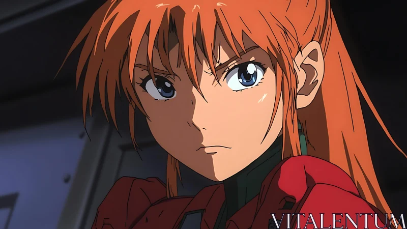 Orange-haired anime pilot in red suit, head and shoulders.