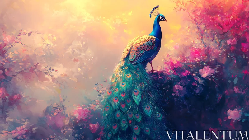 Iridescent peacock poised in luminous floral dreamscape.