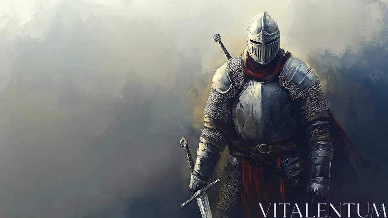 Stoic armored knight resting quietly with a weathered sword.