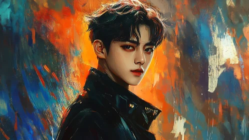 Brooding young man emerges amid blazing abstract colors