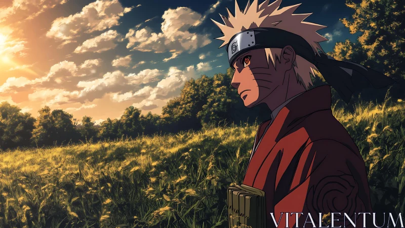 Sunlit ninja sentinel wandering through whispering meadow fields.