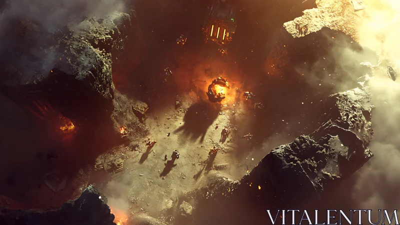 Battle-scarred canyon burns under harsh alien sunlight