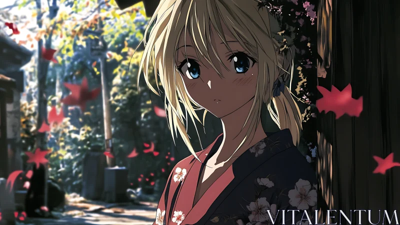 Quiet autumn moment with a thoughtful girl in kimono.