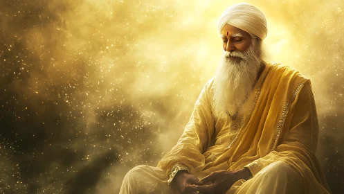 Elderly bearded man in golden robes meditating calmly.