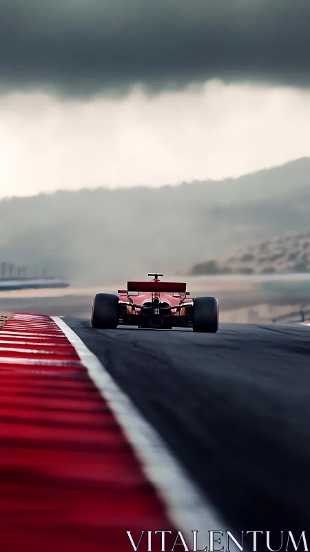 Lone race car chasing the horizon on a stormy circuit.