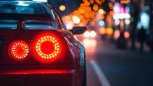 Sports coupe taillights glow against urban bokeh nightscape.