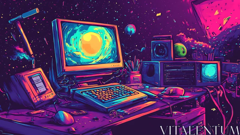 Neon night desk where retro computers dream of galaxies.