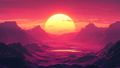Neon alien sunset bathes crystalline valley in radiant light.