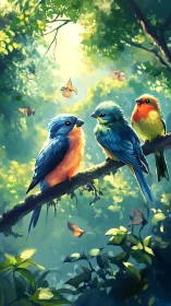 Three small birds perch on a branch in dense forest light
