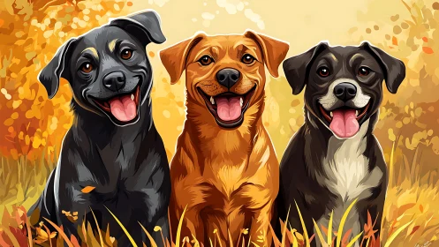 Playful trio of dogs in stylized autumn digital portrait.