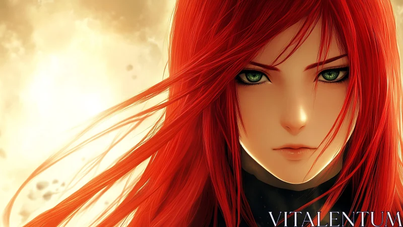 Anime portrait with fiery red hair and solar backlight focus.