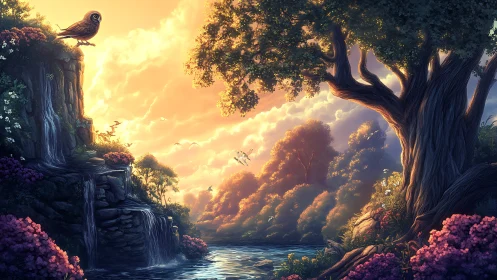 Enchanted forest sunrise with owl above cascading waterfall.