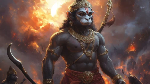Digital painting of warrior Hanuman amid burning battlefield.