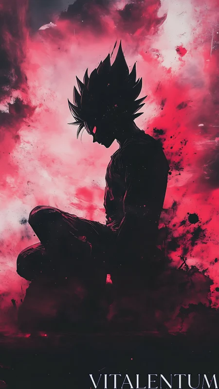 Silhouetted warrior in crimson nebula with dynamic energy field.