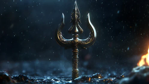 Golden trident stands in dark rain with glowing fire.