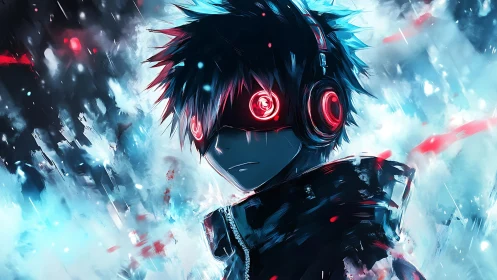 Cyberpunk gamer boy with neon headset and glowing eyes.