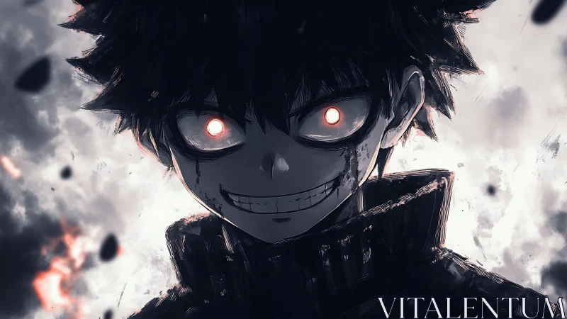 Dark anime boy with glowing eyes and unsettling grin.