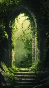 Stone archway overgrown by dense green forest vegetation.