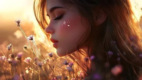 Optically radiant portrait amid backlit meadow flora at dusk.