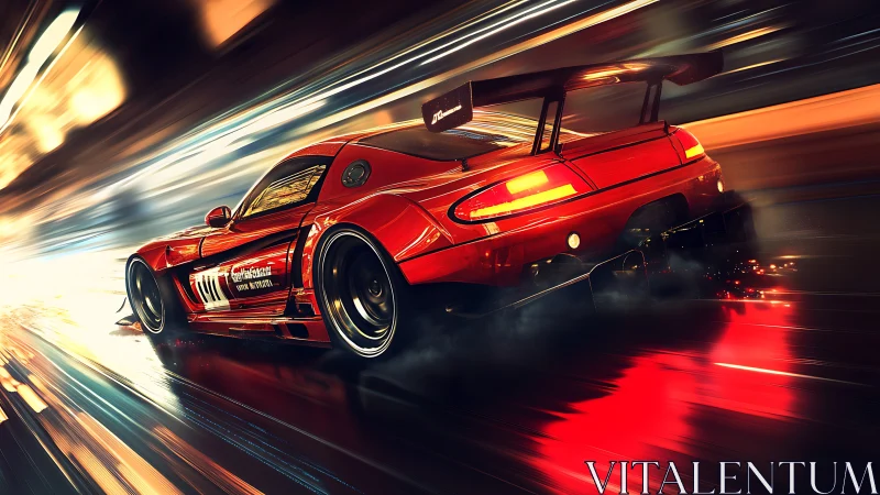Red race car blasts through neon city streets at night.